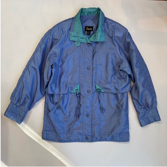 Vintage 80s Mariel Windbreaker Jacket Womens Medium Raincoat Lavender Turquoise - Picture 1 of 13